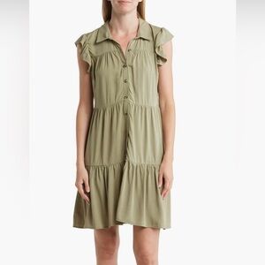Lucky Brand Women’s XL Olive Green Tiered Mini Dress Button Front Ruffle Sleeve